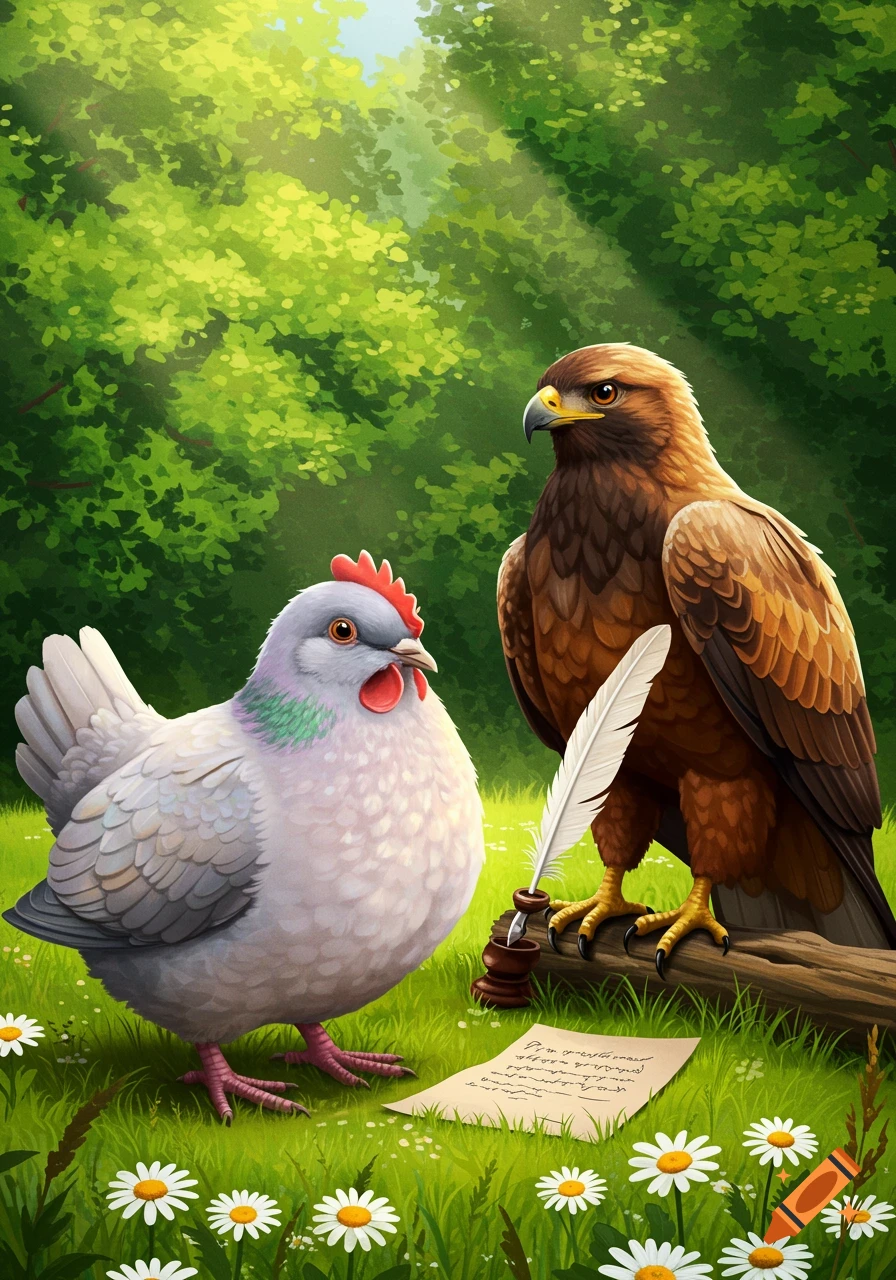 An illustrated scene with a white chicken and a brown eagle holding a quill pen next to a scroll on a grassy forest floor with daisies.