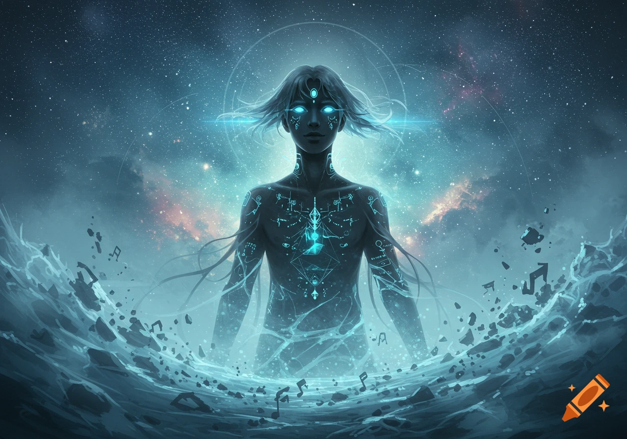 An ethereal, glowing human-like figure with symbols on its body emerges from swirling cosmic water with musical notes against a starry nebula background.