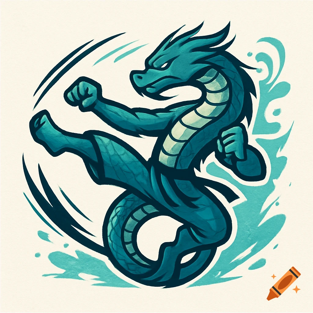 A stylized teal dragon or sea serpent in a dynamic karate kicking pose, illustrated as a logo.