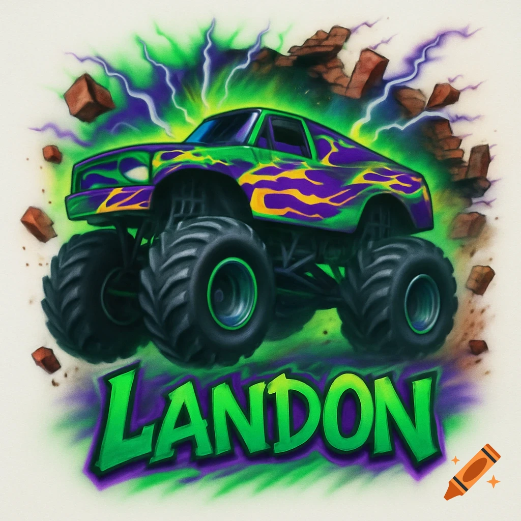 A neon green and purple airbrush monster truck with lightning and brick debris, and the name 'Landon' in graffiti style.