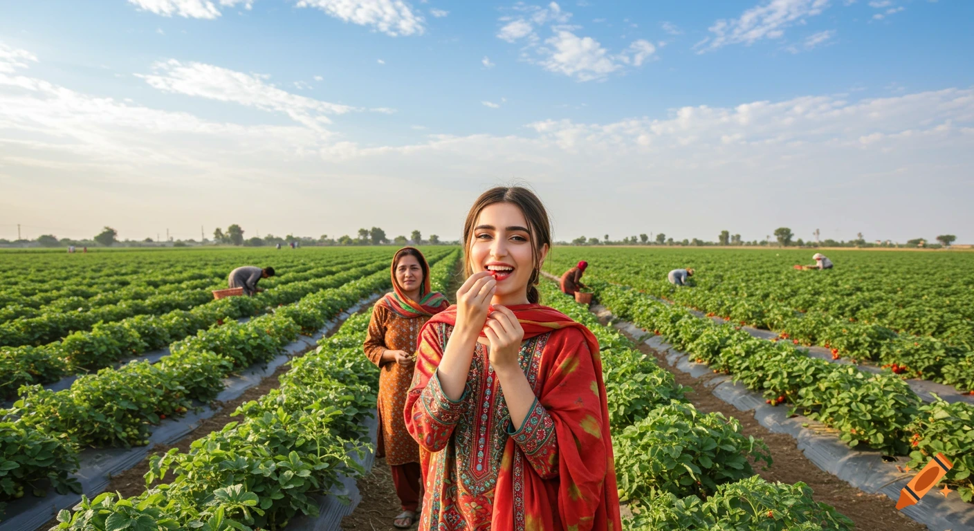 A woman smiles while eating a strawberry in a vast farm field, with other people harvesting in the background under a blue sky.