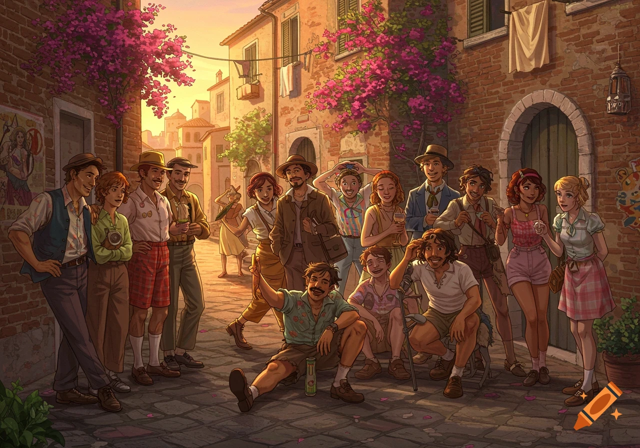 An illustrated group of people in a vibrant, sunlit Italian town square with blooming bougainvillea.