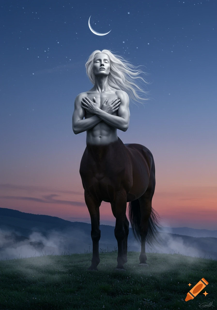 A male centaur with white hair stands with eyes closed and arms crossed over his chest under a crescent moon in a misty twilight landscape.