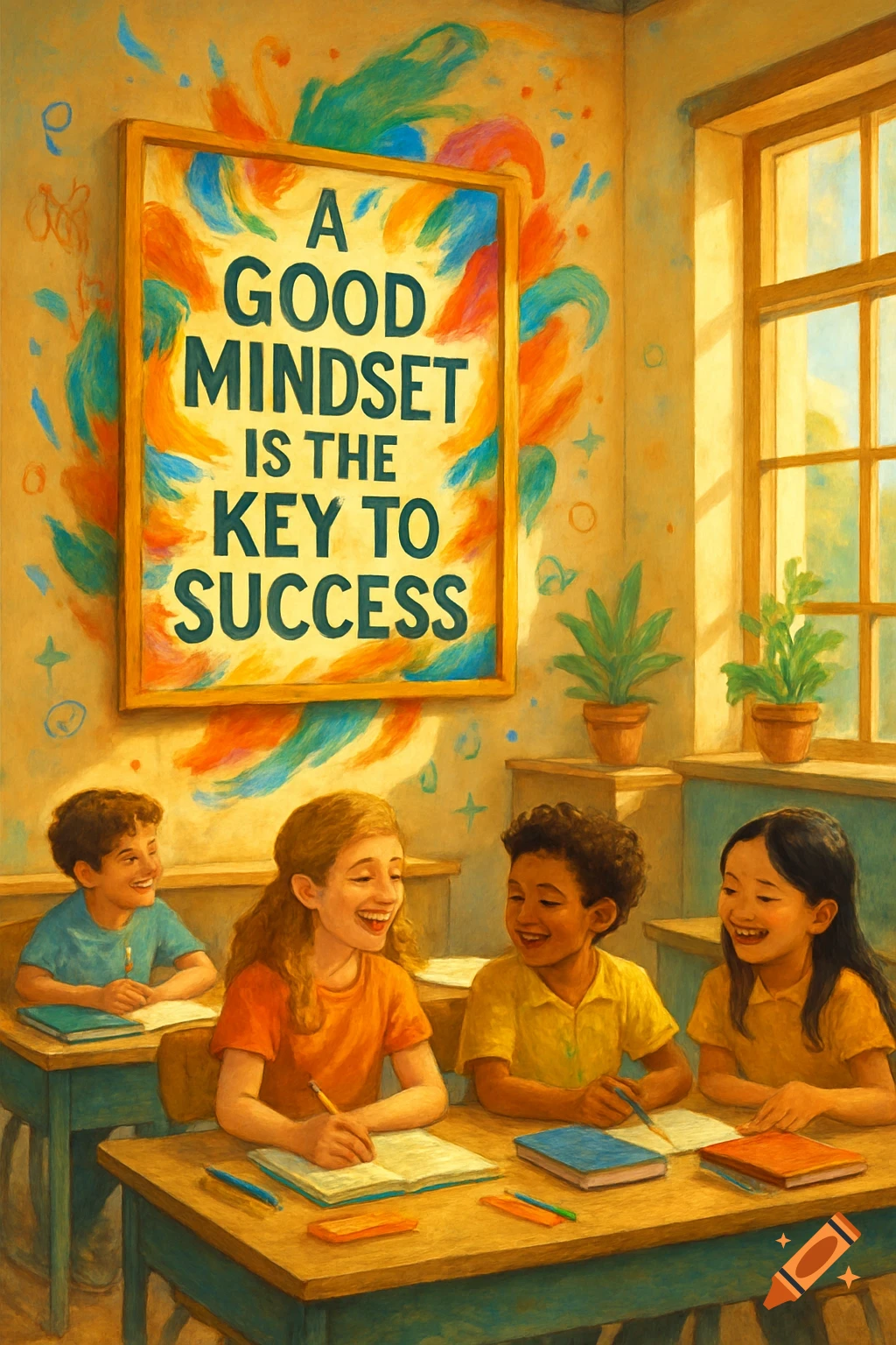 Diverse children smiling in a classroom, with a poster saying 'A GOOD MINDSET IS THE KEY TO SUCCESS' in a painterly style.