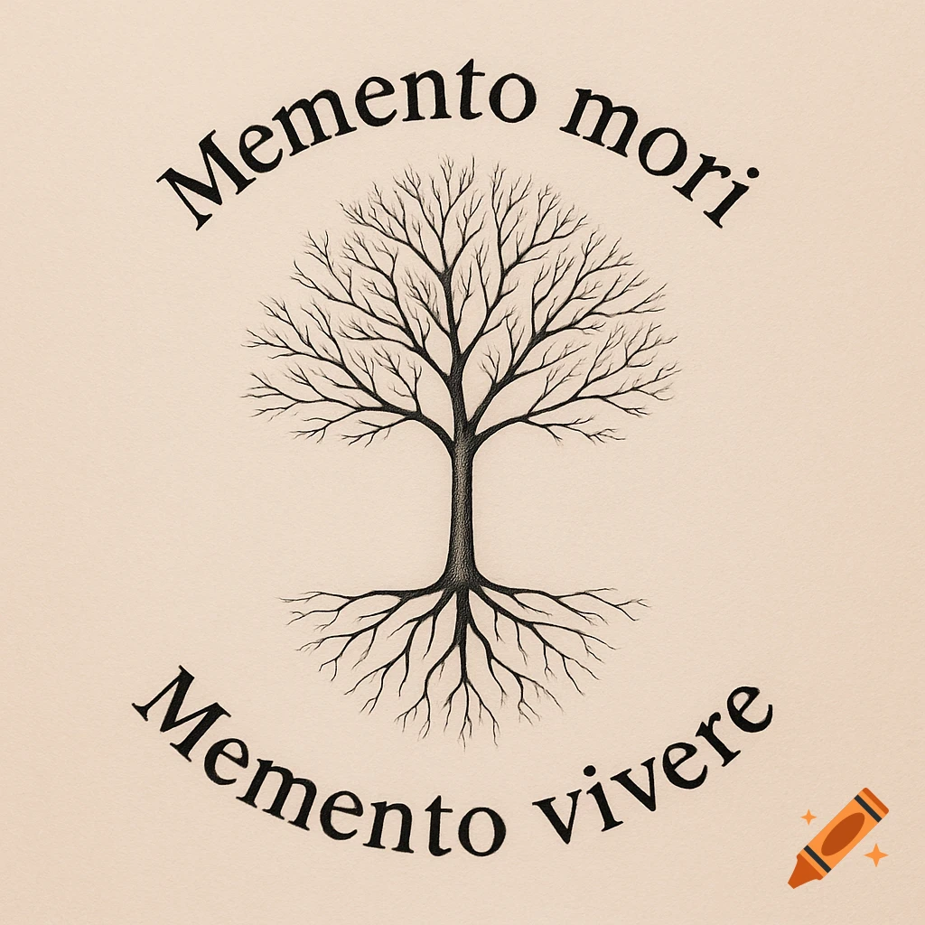 A minimalist black and white drawing of a bare tree with visible roots, surrounded by curved text reading 'Memento mori' above and 'Memento vivere' below on a beige background.