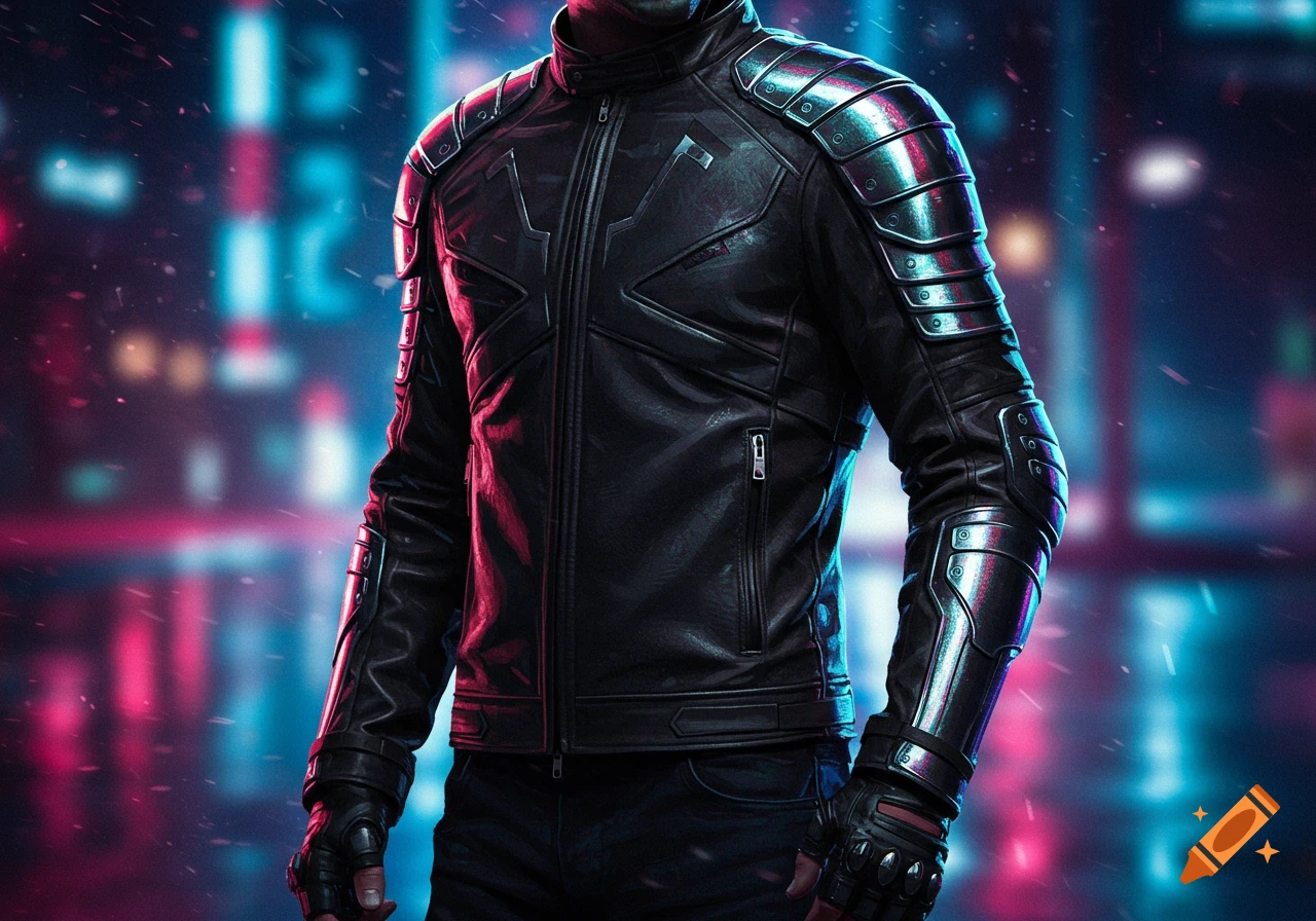 Close-up of a person wearing a futuristic black leather jacket with metallic shoulder and forearm armor, against a blurred neon-lit urban background.