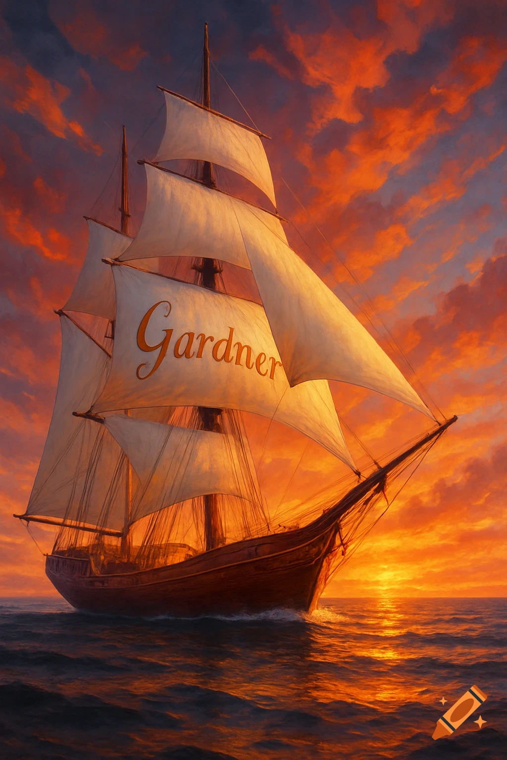 A wooden sailing ship with white sails, bearing the name 'Gardner', glides across the water at sunset under a dramatic orange sky.