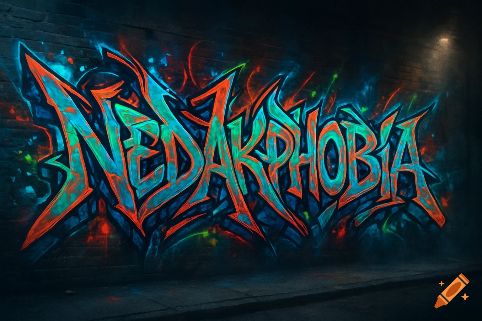 Vibrant, neon-lit wildstyle graffiti of 'NEDAKPHOBIA' on a dark brick wall, with glowing teal and orange text.