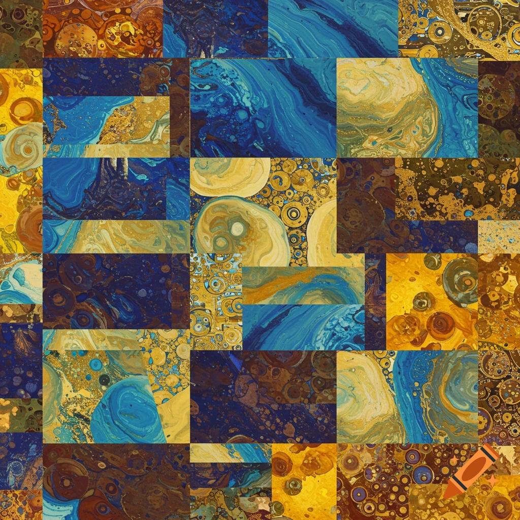 Abstract collage of blue, yellow, and brown fluid art patterns with circular and swirling shapes in a grid.