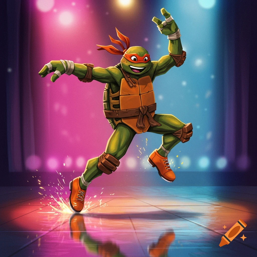 Michelangelo from TMNT tap dancing on a stage under colorful lights, cartoon style.