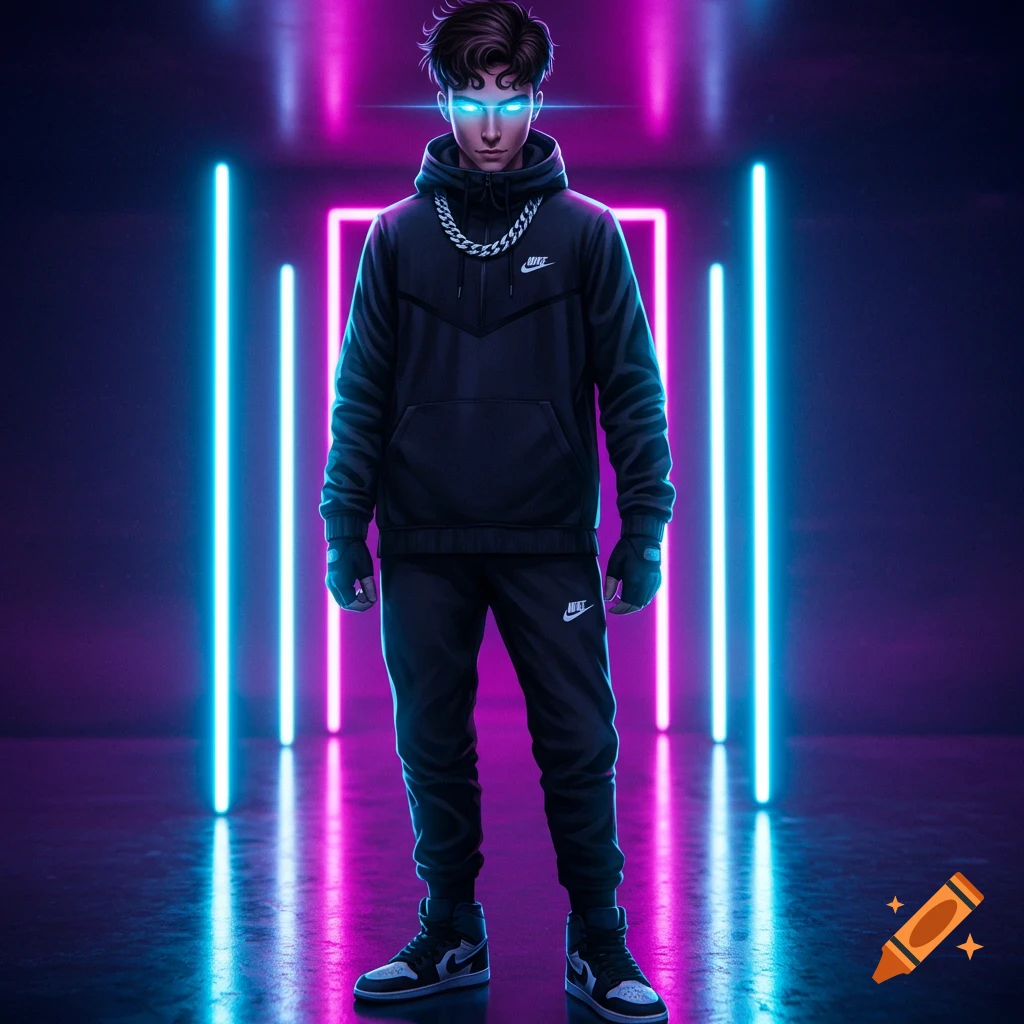 Anime-style male character with glowing blue eyes in a black hoodie and track pants, standing in a dark room with vibrant neon lights.