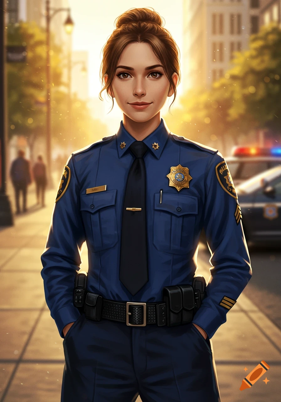 A stylized portrait of a young woman police officer in a blue uniform, standing on a city street with a police car in the background at sunset.