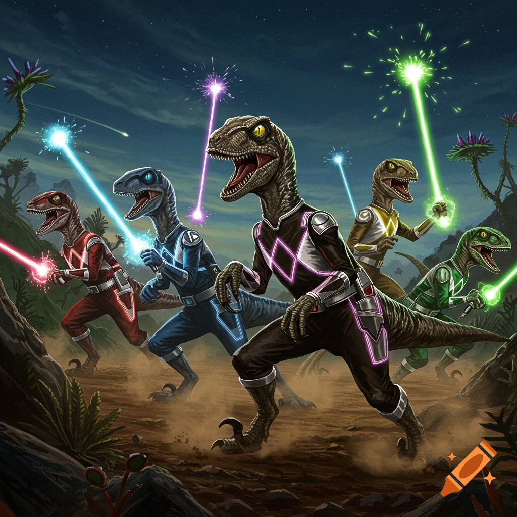 Five velociraptors dressed as Power Rangers run through a prehistoric landscape at night, holding glowing laser weapons.