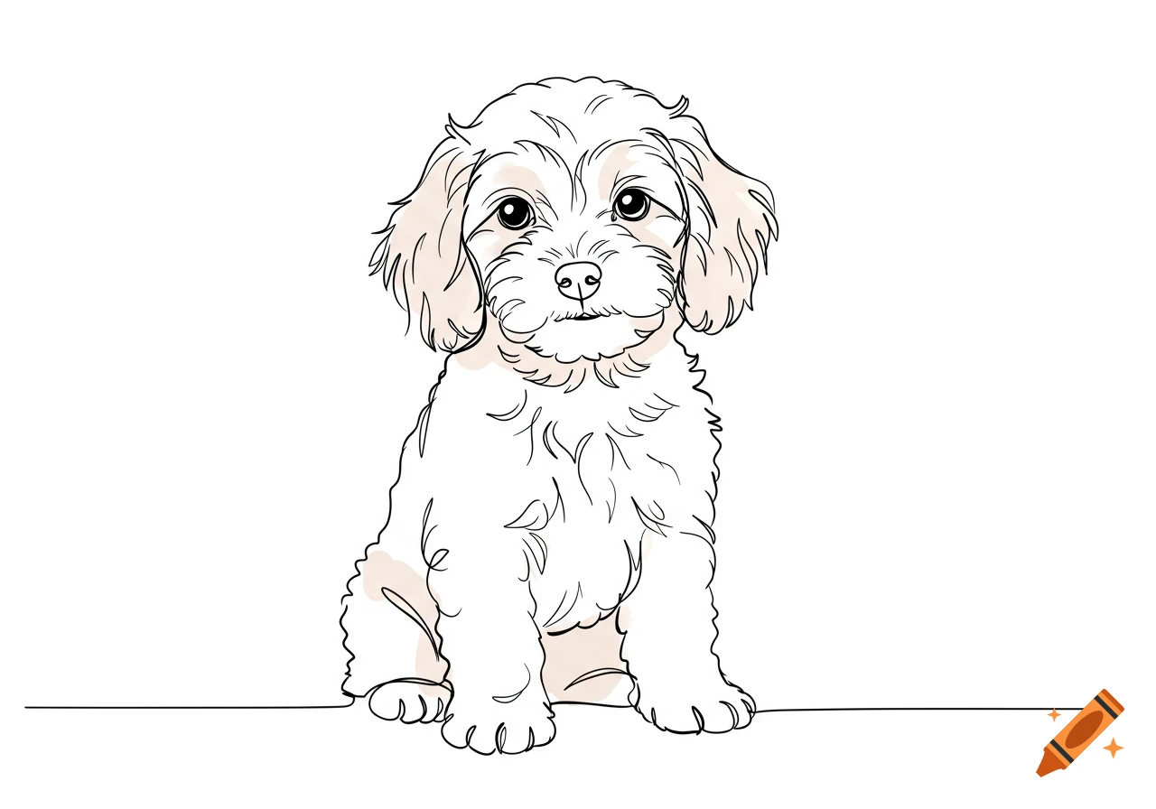 An outline drawing of a cute cockapoo puppy sitting.