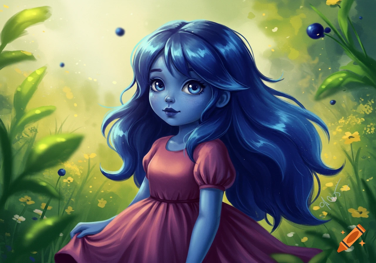A cute blue-skinned girl with long blue hair and a pink dress stands in a vibrant green field with yellow flowers.