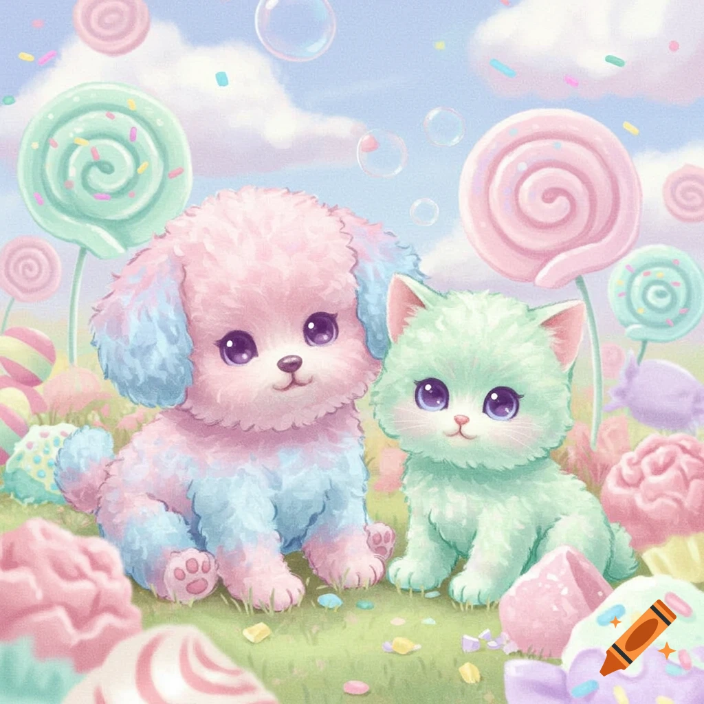 A pink and blue plush puppy sits next to a green plush kitten in a candy landscape with lollipops and bubbles in a pastel sky.