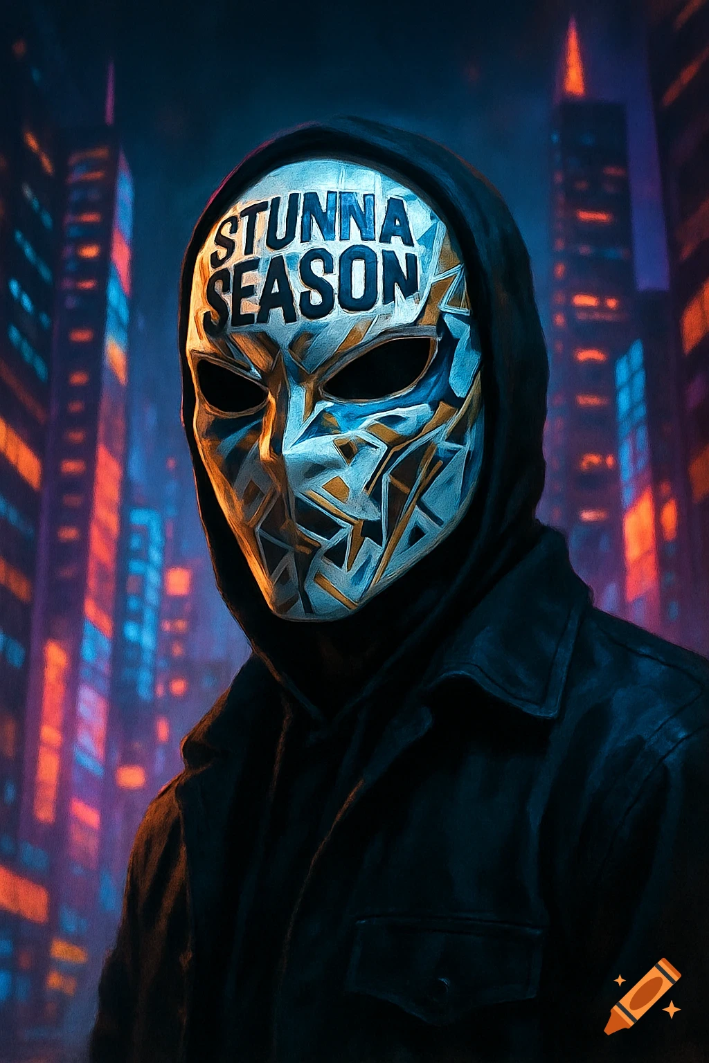 Person in black hoodie and a white, gold, and blue geometric mask with 'STUNNA SEASON' text, in a neon-lit city at night. Painterly style.