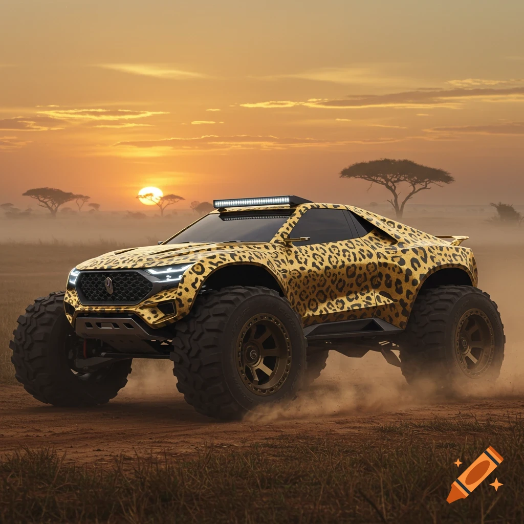 A futuristic leopard-print off-road concept vehicle drives through a dusty savanna at sunset.