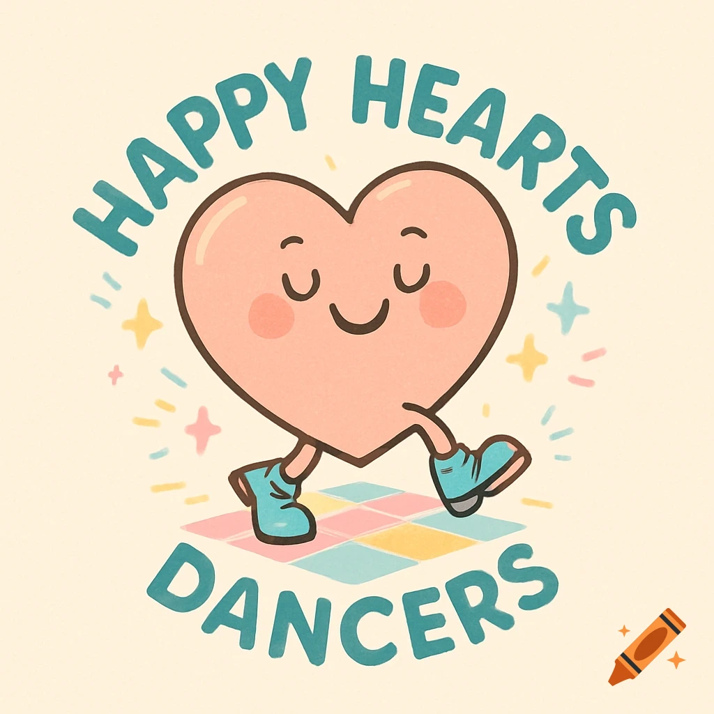 Cartoon logo with a happy heart dancing on a checkered floor. Text reads 'HAPPY HEARTS DANCERS' in a cheerful, pastel style.