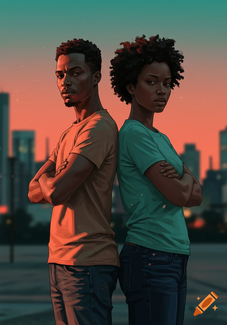 Digital art of a Black man and woman standing back to back, arms crossed, with a city skyline at sunset.