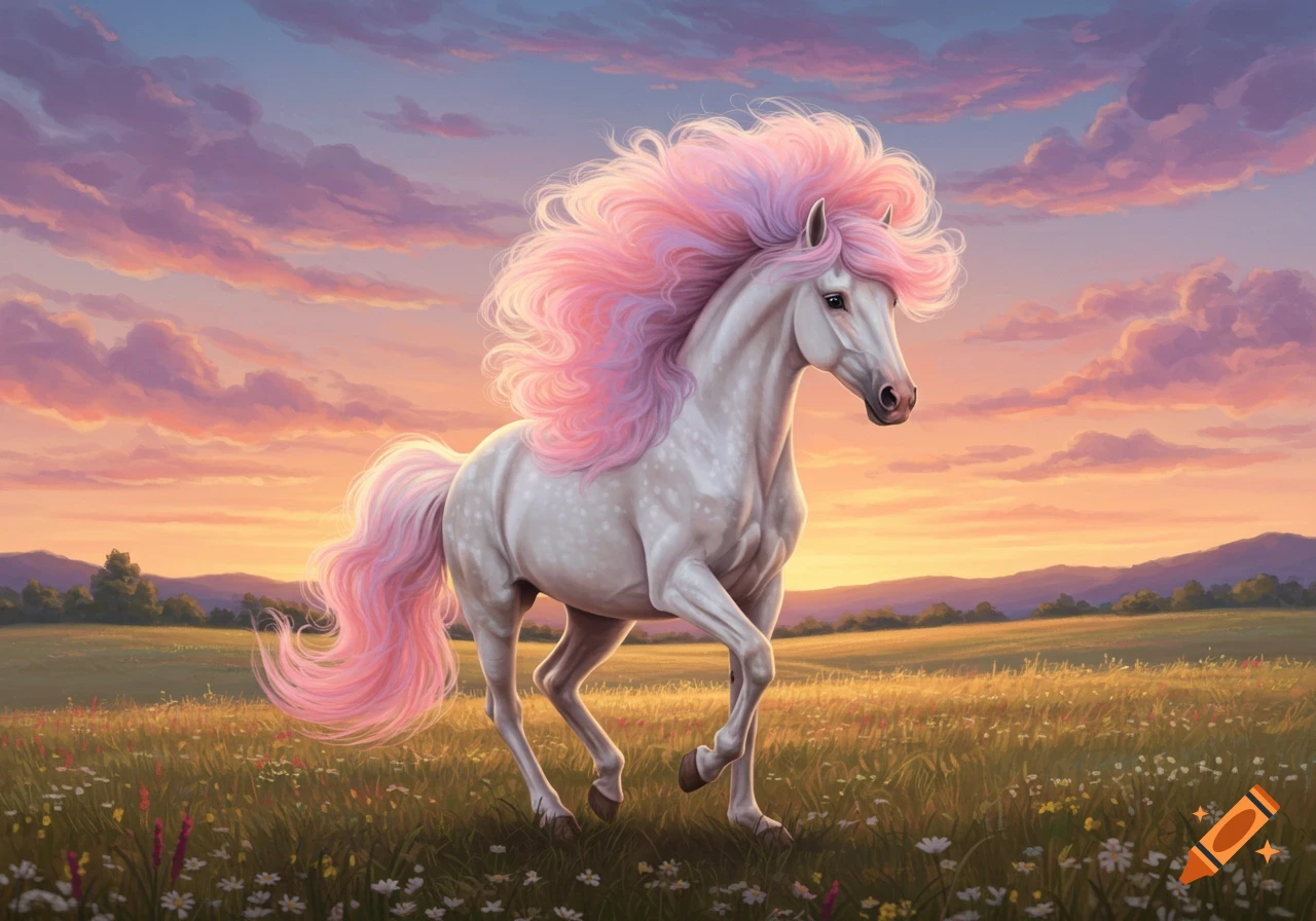 A white horse with a flowing pink mane and tail runs through a grassy field at sunset.