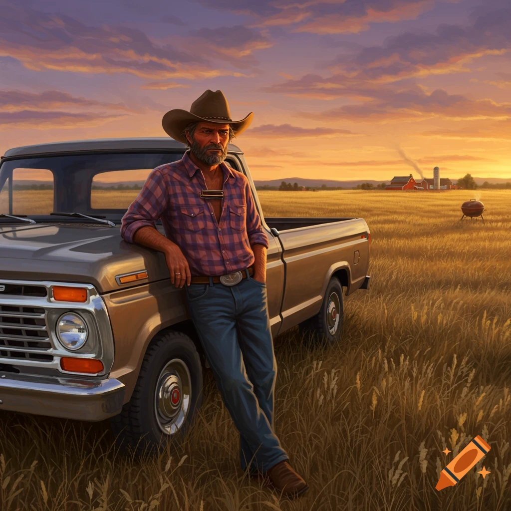 A man in a cowboy hat and plaid shirt leans on a pickup truck in a field at sunset.