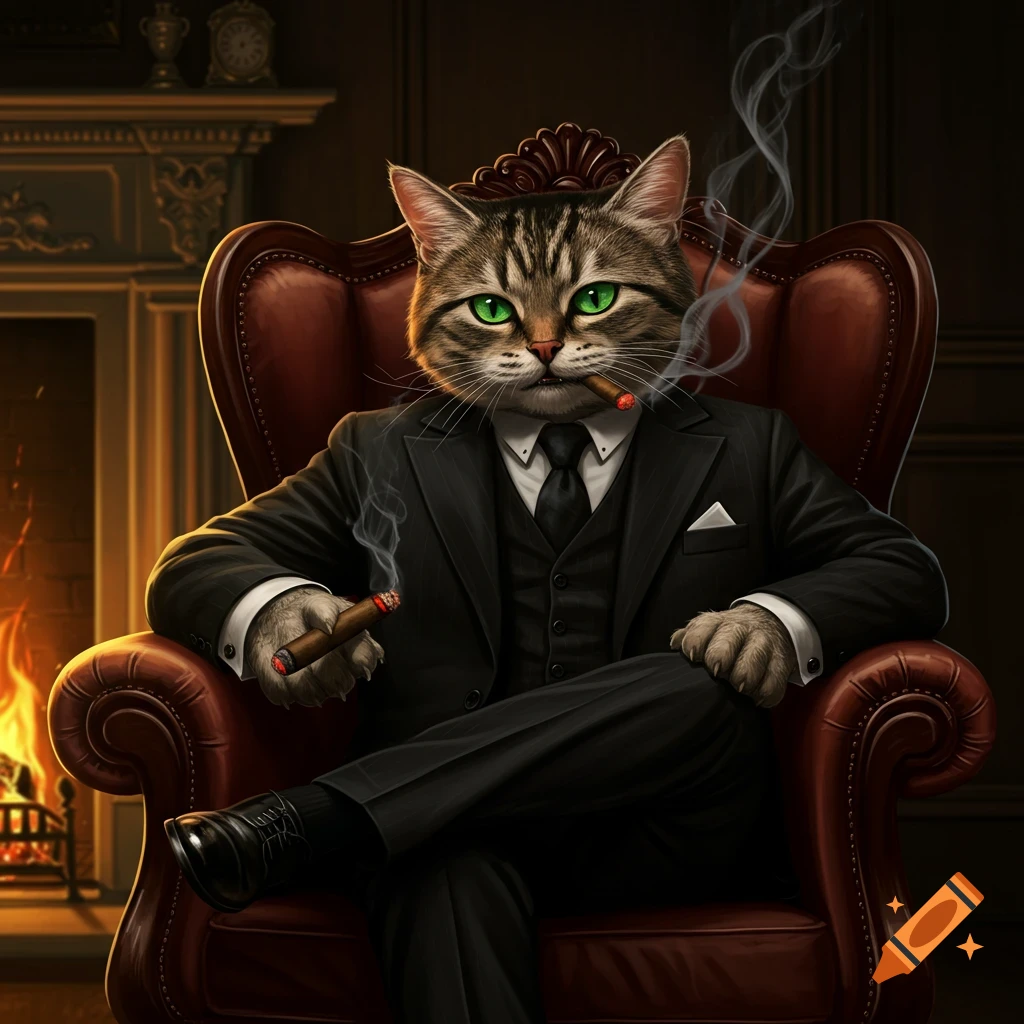 A distinguished tabby cat in a black suit sits in a red armchair, smoking a cigar and holding another, by a fireplace.