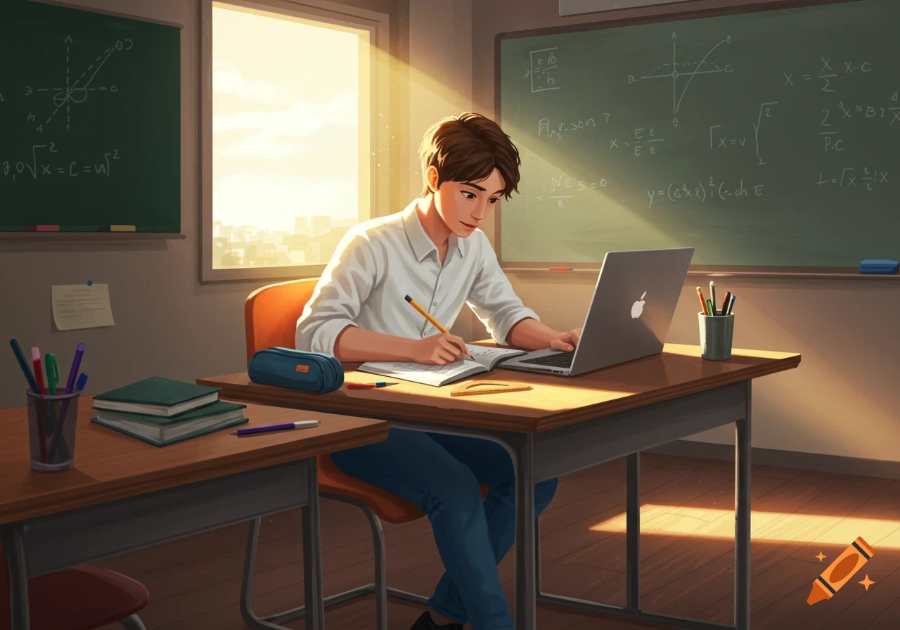 An anime-style student studies at a desk with a laptop and notebook in a sunlit classroom, a blackboard with equations behind him.