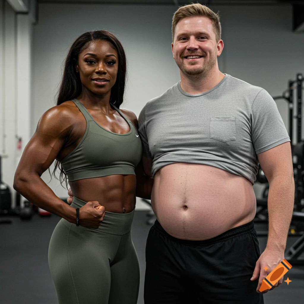 A muscular Black woman and a man with a beer belly smile in a gym, contrasting their physiques.