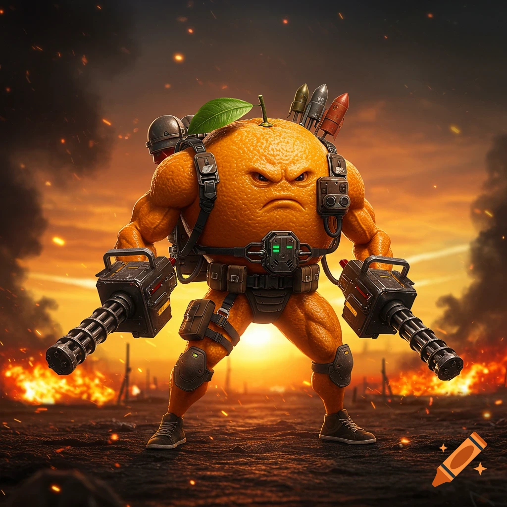 A muscular, angry orange with miniguns and rockets on its back stands on a fiery battlefield at sunset.