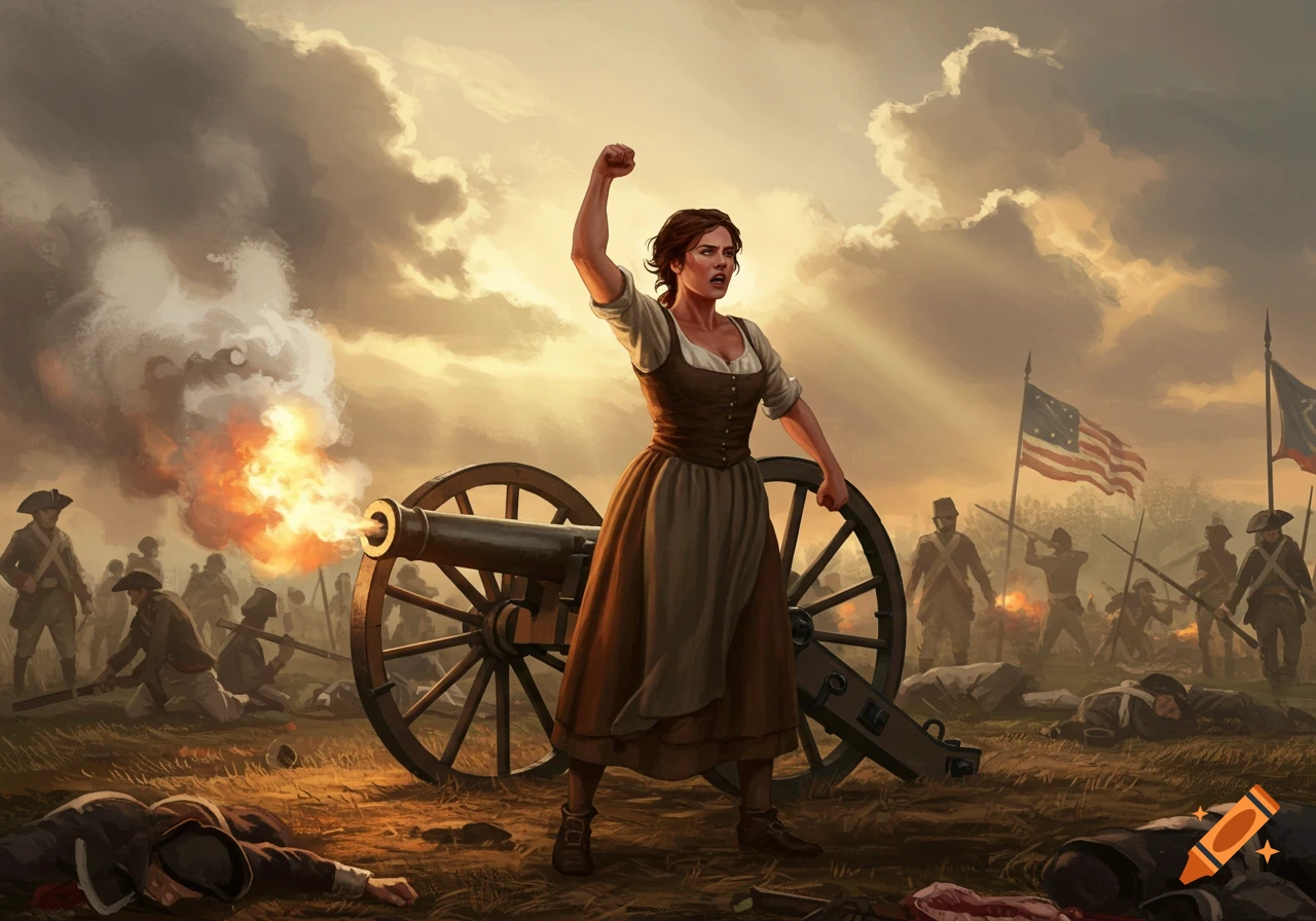 A woman resembling Molly Pitcher raises her fist by a firing cannon during a Revolutionary War battle scene at sunset.