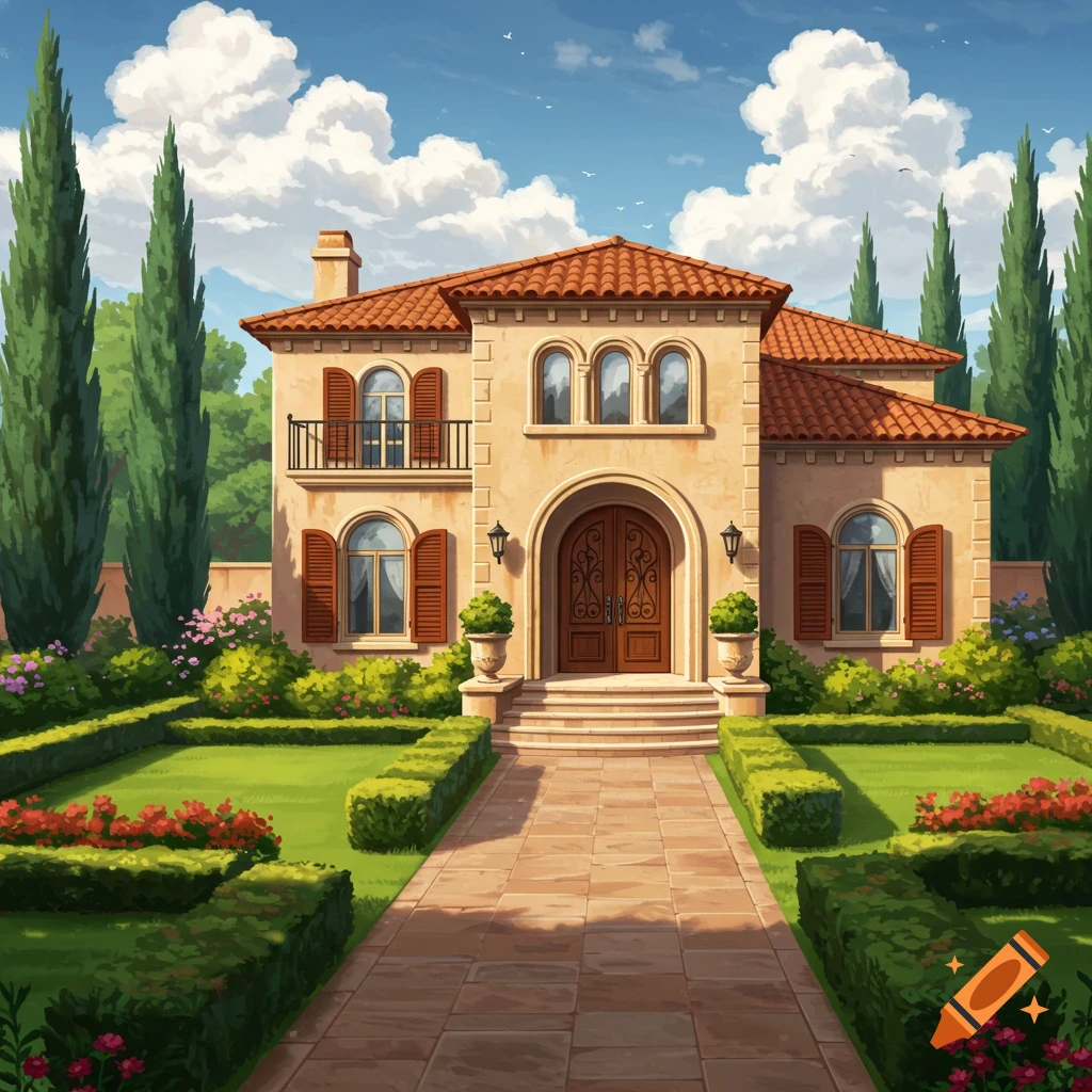 A picturesque Mediterranean mansion with a red tile roof and light-colored walls, surrounded by a lush, manicured garden and tall cypress trees.