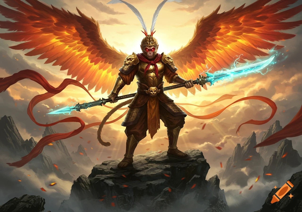 Digital painting of Sun Wukong, a monkey king, with fiery phoenix wings and glowing blue twin swords on a rocky mountain.