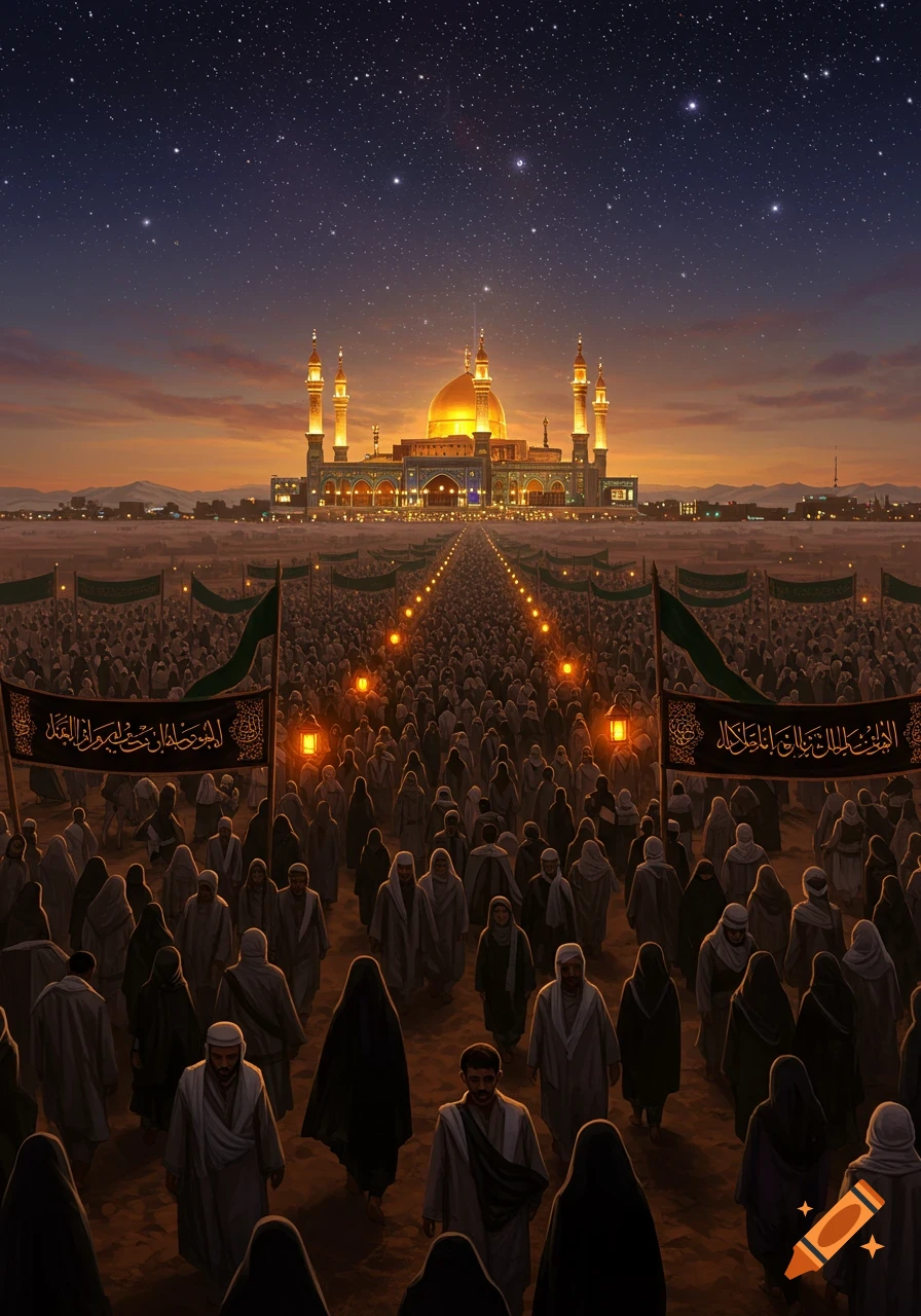 A vast crowd of pilgrims walks a path toward a golden-domed mosque at dusk under a starry sky, with banners.