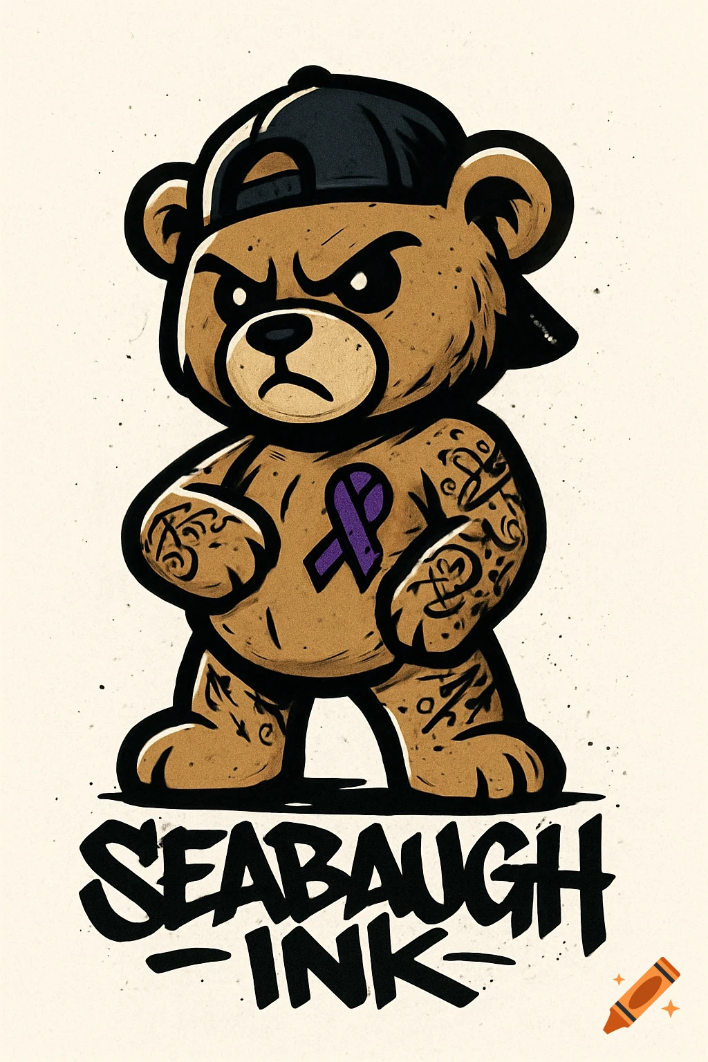 A cartoon urban teddy bear logo with a cap and tattoos, standing above the text 'SEABAUGH INK'.