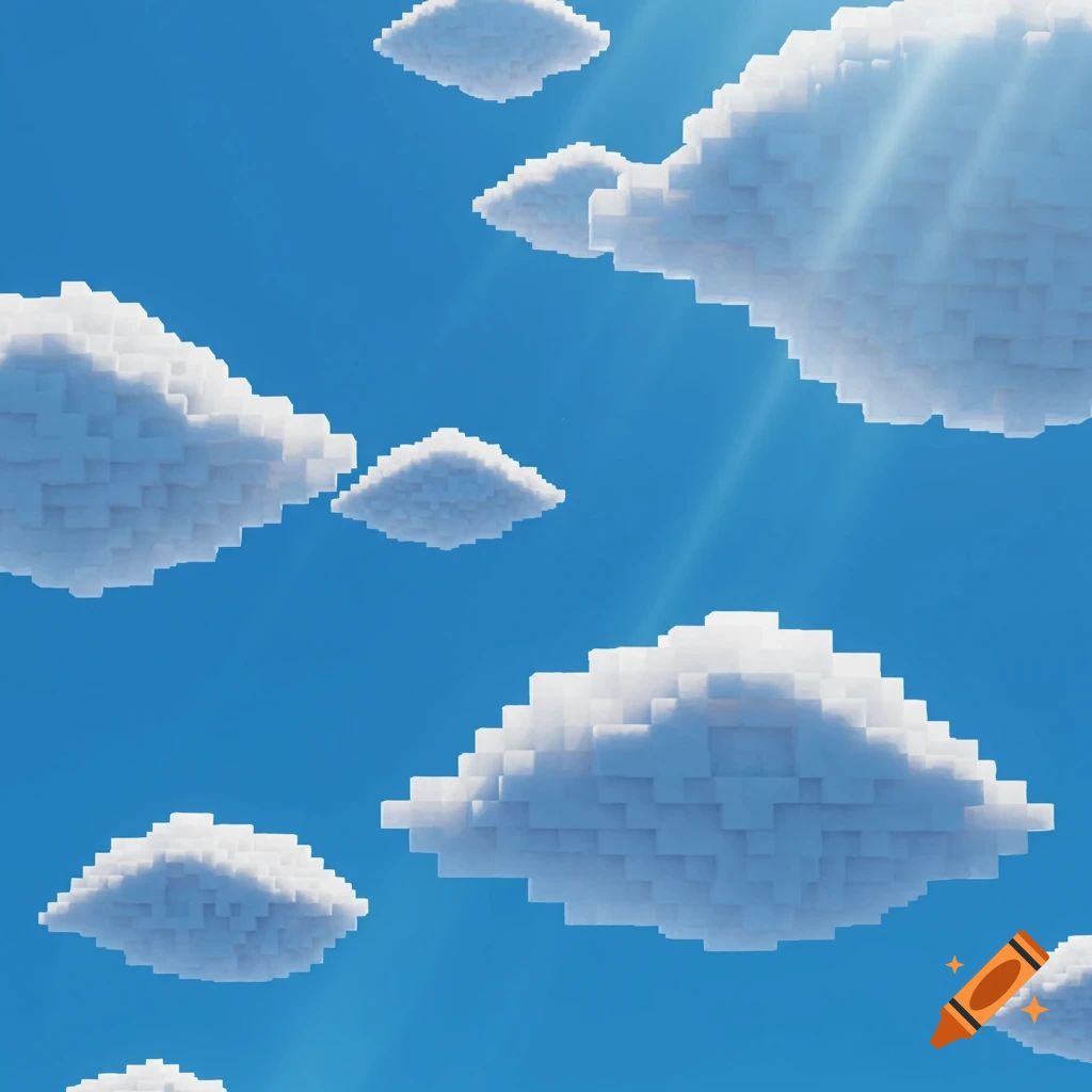 Pixelated white clouds float in a bright blue sky with sun rays.