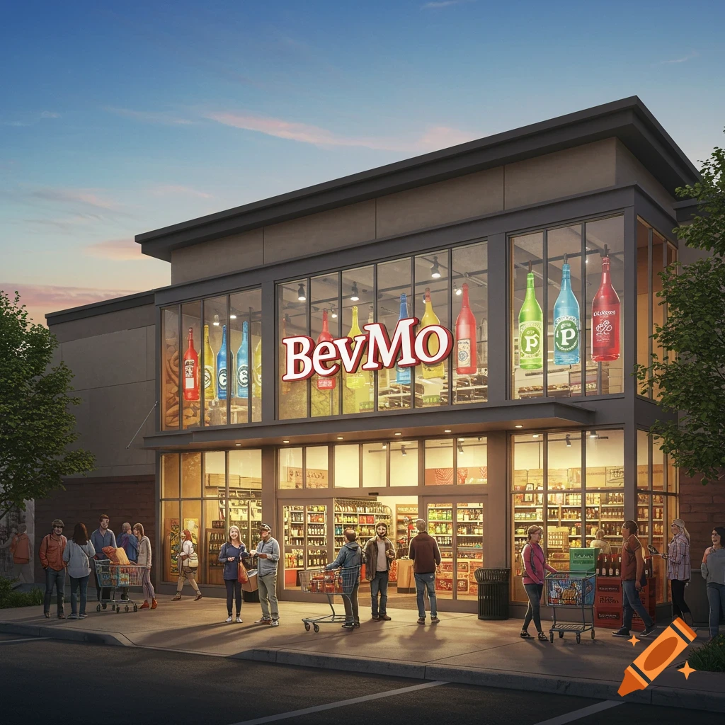A photorealistic depiction of a BevMo store at dusk with shoppers, illuminated by interior lights and a large BevMo sign.