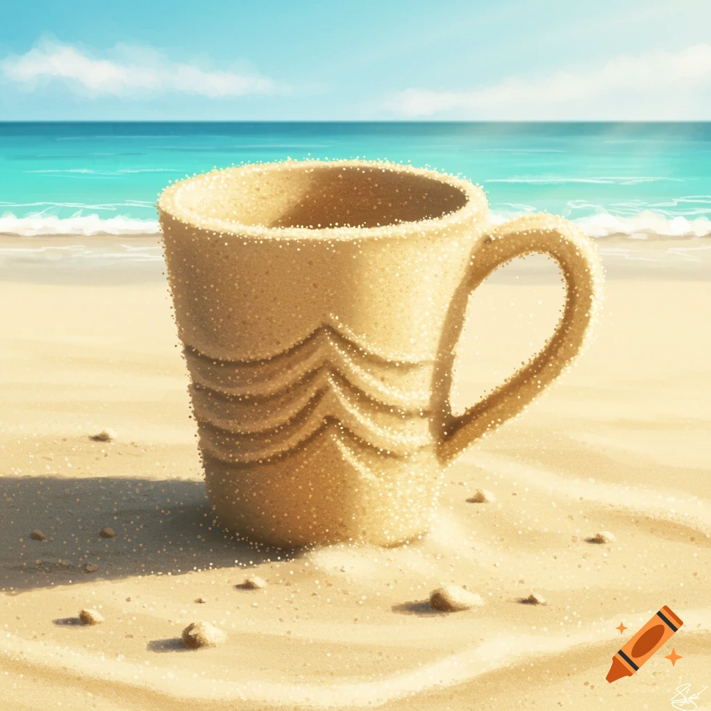 A detailed sand cup with a handle stands on a sunny beach, with the blue ocean and sky in the background.
