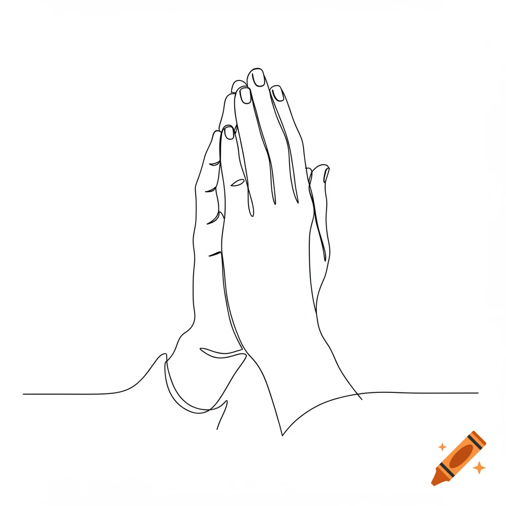 Outline drawing of two hands together in a prayer position.