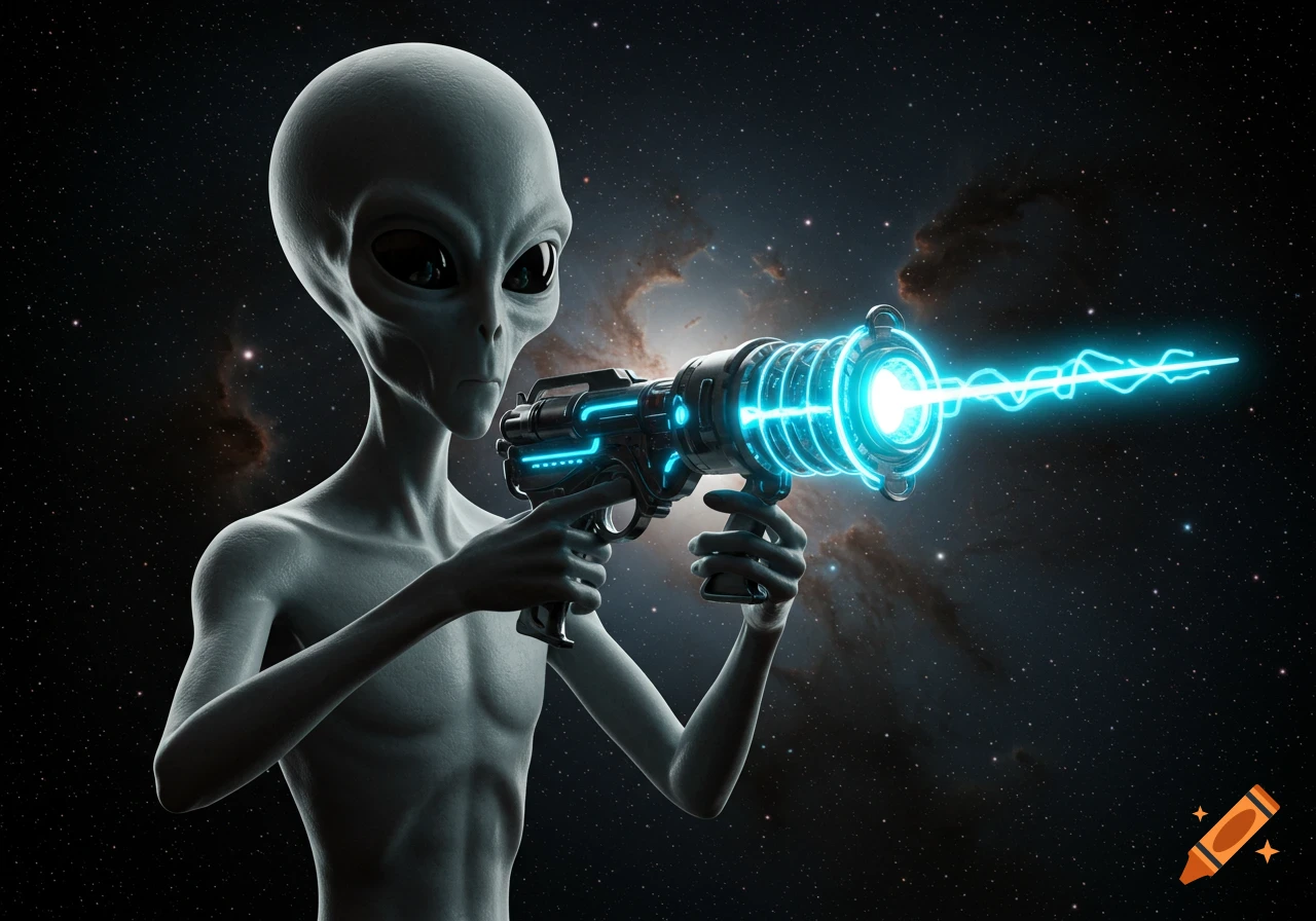 Photorealistic grey alien holding a glowing ray gun against a starry space background with a nebula.
