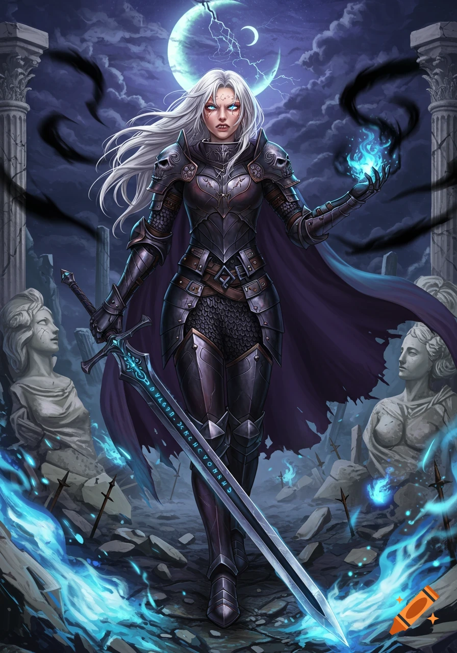 An anime female warrior with white hair, armored, holding a glowing sword and blue fire, stands in dark ruins under a cracked moon.