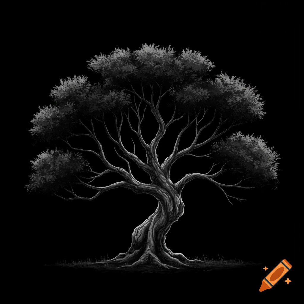 A detailed, gnarled tree with a full canopy of leaves, rendered in grayscale against a solid black background.