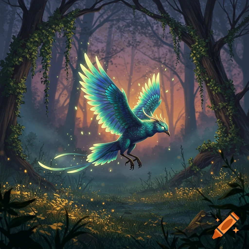 A vibrant teal and blue bird with glowing wings and tail feathers flies through a mystical, dark forest with glowing particles and vines.