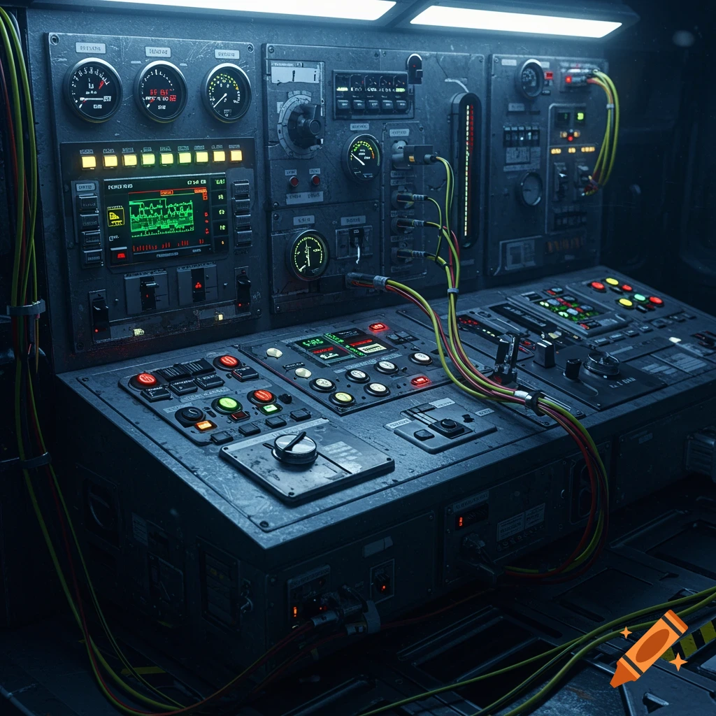 A detailed, grimy control panel with numerous gauges, buttons, screens displaying data, and colorful wires, lit by cool blue lights.