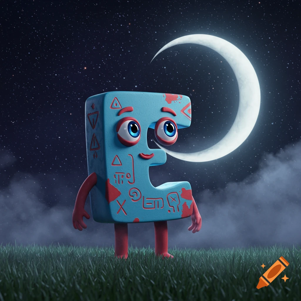A stylized, light blue letter 'E' character with large blue eyes, red arms and legs, and red patterns on its body, stands in green grass under a starry night sky with a crescent moon.