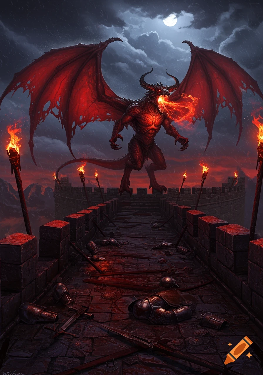 A red, horned, winged dragon breathes fire atop a dark stone castle wall strewn with armor and blood under a full moon in a stormy sky.