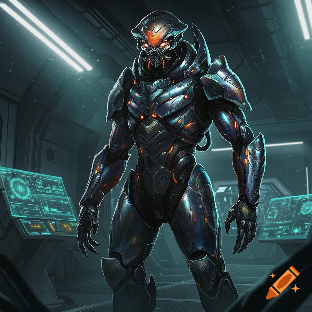 An alien in sleek, metallic armor with glowing red eyes stands in a dark, futuristic room with holographic screens.