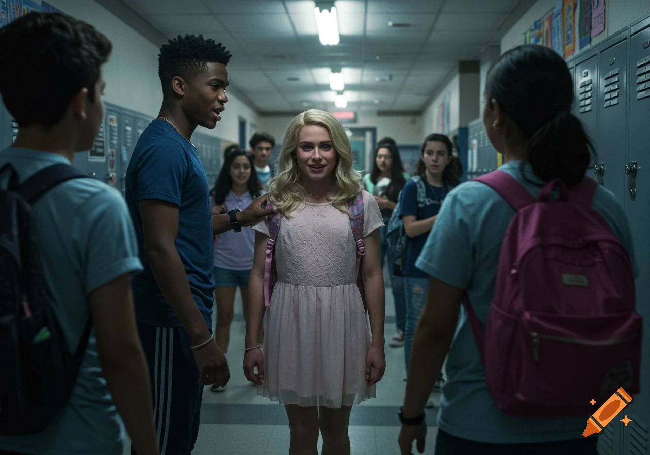 A student in a pink dress stands with a boy who protects them in a busy school hallway.