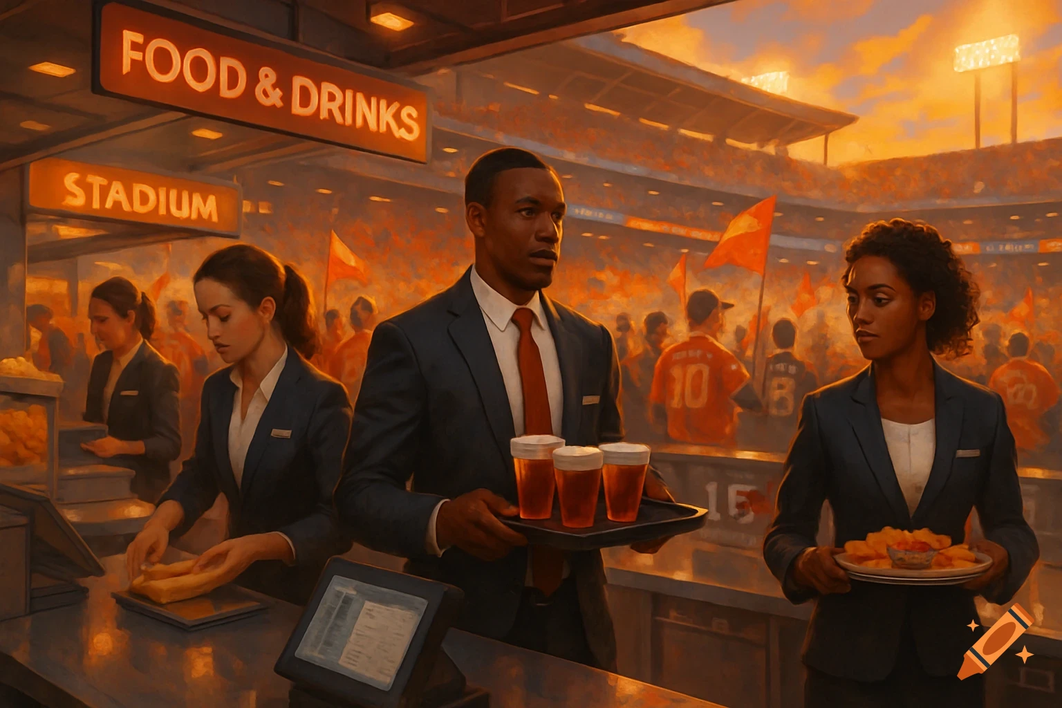 Professional food and beverage staff work at a concession stand in a bustling stadium during golden hour. Fans are visible in the background.