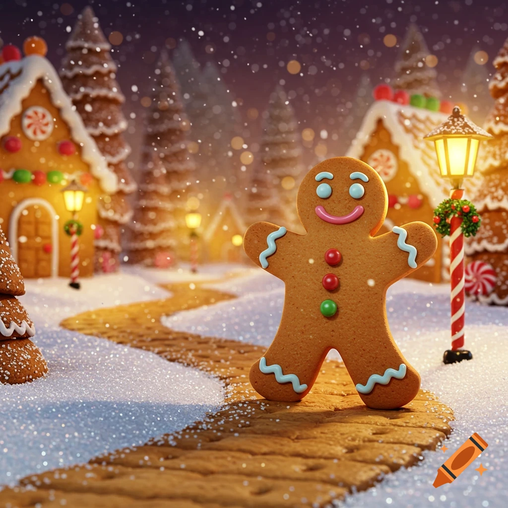 A smiling gingerbread man stands on a snowy path leading to whimsical gingerbread houses under a night sky with falling snow.